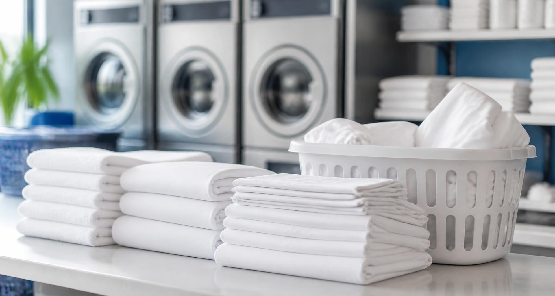 Freshly folded towels and linen prepared for commercial pickup and delivery at Wash World Coin Laundry, St Kilda